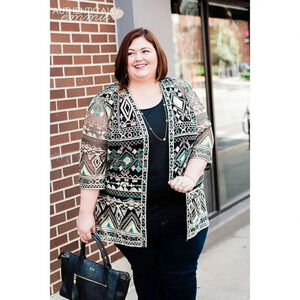 Catherine Top Women's Black Green 3/4 Sleeve Aztec Pattern Kimono Embroidered